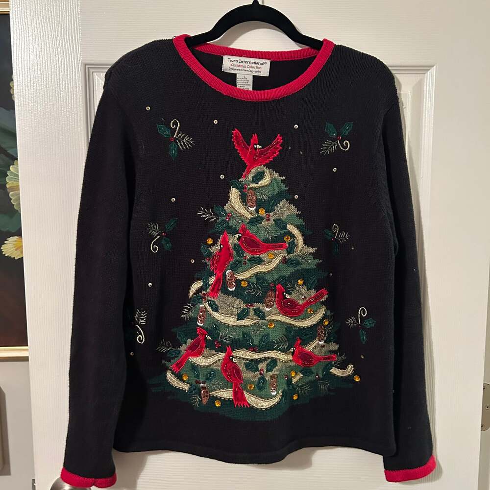 Vintage Tiara International Christmas Sweater Tree with Cardinals Size L - Picture 2 of 9